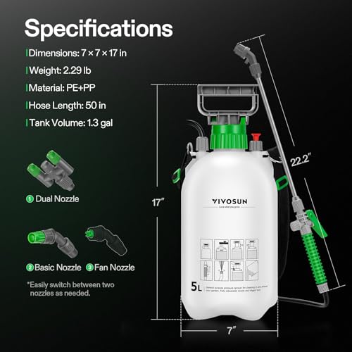 VIVOSUN 1.35 Gal/5L Pump Sprayer, Garden Water Sprayer | for Plants, Weeds & Lawn Care, with 3 Nozzles, 50'' Long Hose & Pressure Relief Valve - size: 1.35 gal
