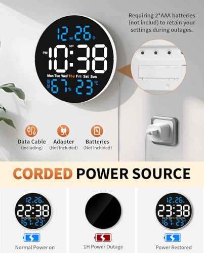 10 Inch Large Digital Wall Clock with 9 Color Changing Remote Control, Date Week Temperature, Auto Brightness Dimmer Big Clock with Night Lights,Blue - color: Blue