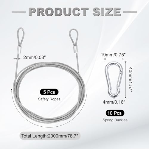 PATIKIL 78.7 Inch Safety Cable Lock, 5 Pcs 304 Stainless Steel Security Wire Ropes Double Loop Anti-Theft Safety with 10 Spring Buckles for Bicycles Luggage Stage Lighting, Clear - color: Clear, size: 78.7 Inch