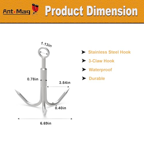 Ant Mag Grappling Hook with Claw Tips, Heavy Duty Stainless Steel Carabiner | Strong Grappling Hook for Camping, Hiking, Tree Climbing, Water Retrieval, Salvage Operations, Rugged Outdoor Rescue Gear - color: Silver, size: X-Large