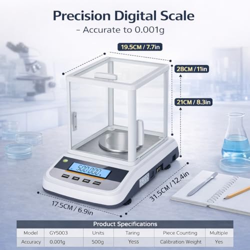 Lab Analytical Balance 500g x 0.001g Precision Digital Scale, with Windshield and RS232 Interface, for Scientific Laboratories, Research, Industrial, Kitchen, Food, Jewelry, 19 Units, 500g Weight - size: 500g x 0.001g