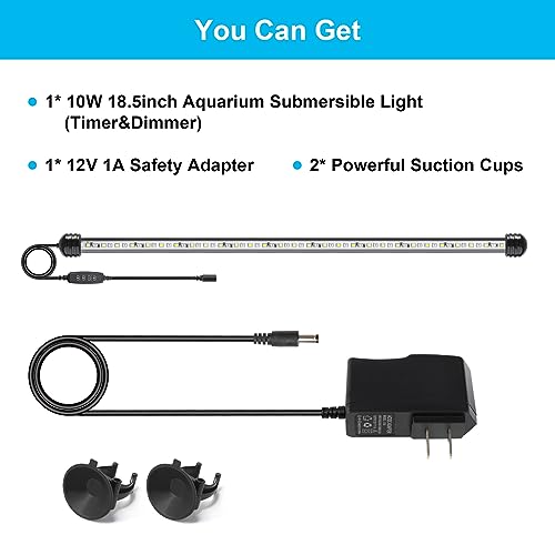 DaToo 10W 18.5inch Submersible Aquarium Light Underwater Fish Tank Light LED Aquarium Light Bar with Timer Auto On/Off and Dimmer Adjustable Brightness, 1 Yr Warranty - size: 10W 18.5inch (With Timer&Dimmer)
