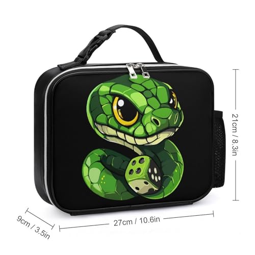 Snake with Dice Insulated Lunch Bag PU 27x21x9cm | Makeup Storage Tote with Removable Handle and Mesh Side Pocket for Women Men Work Picnic Travel