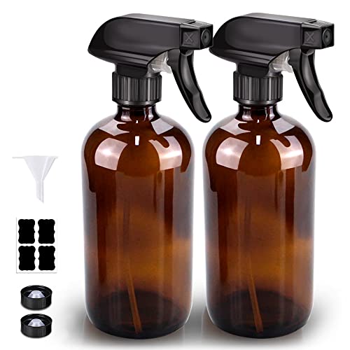 Bontip Glass Spray Bottle 16 oz for Cleaning, Plants (2 Pack, Amber) | Refillable amber spray bottle Set, BPA-free eco glass, With labels and funnel, Great for cleaners, plant misting, hair care - color: Amber, size: 16 Ounces