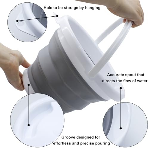 CHILDLION Collapsible Bucket 5L, Foldable Mop Bucket Car Wash Buckets with Handle for Cleaning Supplies, Portable Sink Wash Basin Storage Bin Ice Tub for Fishing Beach Outdoor Camping Kitchen (Gray) - color: Gray