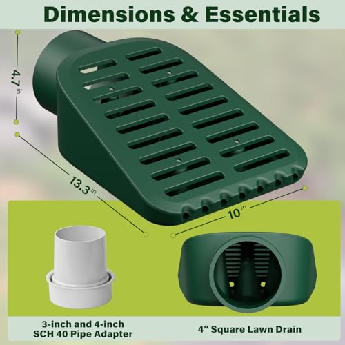 4in. Grate Yard Drain, Yard Drain Emitter for Sump Pump Discharge & Downspout Extensions, 10" W x 11.5" L x 4.7" H, Protects Foundation, Prevents Standing Water – Includes 3" & 4" SCH 40 Pipe Adapter