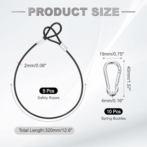 PATIKIL 12.6 Inch Safety Cable Lock, 5 Pcs 304 Stainless Steel Security Wire Ropes Double Loop Anti-Theft Safety with 10 Spring Buckles for Bicycles Luggage Stage Lighting, Black - color: Black, size: 12.6 Inch