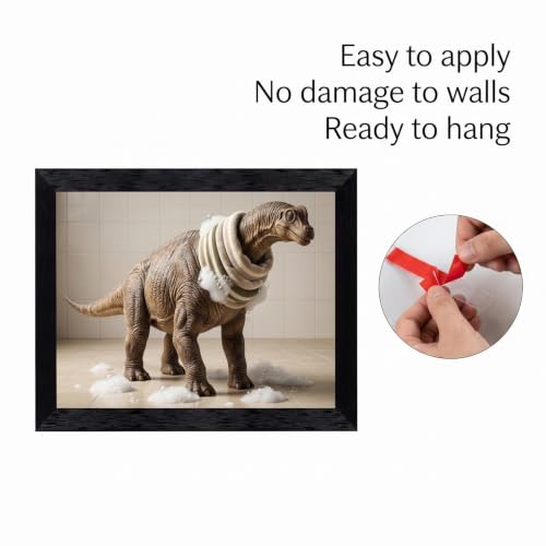Framed Canvas Wall Art Modern 3D Brachiosaurus Earthy Tones and Striped Bath Towels Canvas Print Poster Black Frame Wall Decor for Bathroom Prehistoric Decor, Quirky Home Art - Inch 16x20 - color: Multicolor Art 1, size: 20"L x 16"W