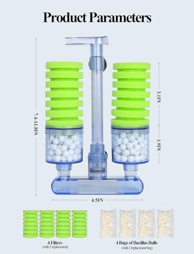 Sponge Filter, Quiet Fish Tank Filter with Media | Ultra Quiet, 10-40 Gal, 360° Oxygen, Bio Media, Safe for Fry & Shrimp