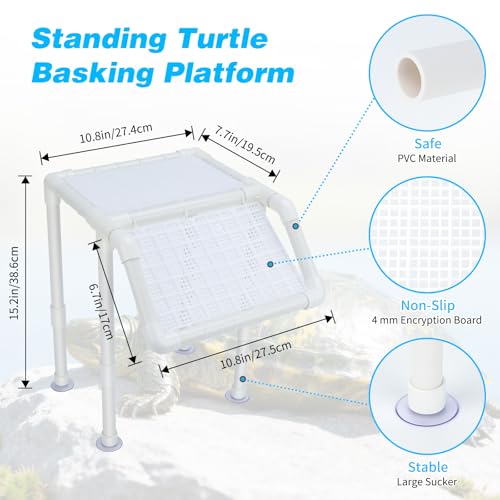 SKARUS White Turtle Basking Platform Suspended Dock for 20-55 Gal Tanks | 6.5"-15.2" Adjustable Height, Full-Width Non-Slip Ramp, Stable Suction-Cup Legs, for Reptiles, Frogs, Terrapins - color: White, size: 10.8"W