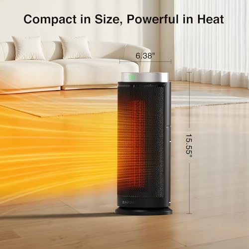 ZAFRO Space Heater, Ultra Quiet Portable Electric Heaters for Indoor Use with Thermostat, 1500W Large PTC Ceramic Fast & Wide-Angle Heat, Digital Display, 8 Safety, 5 Modes, 24H Timer for Large Rooms - size: 16 inches