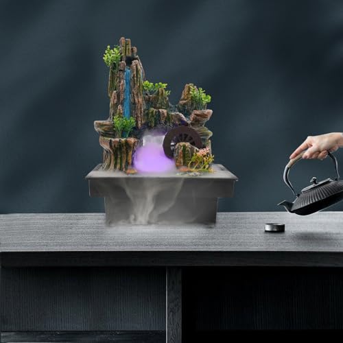 Tabletop Water Fountain Indoor Desktop Waterfall with LED Lights Atomizer Windmill Rockery Resin Water Fountain for Home Office Decor Stress Relief Meditation Yoga Housewarming Gift - color: Style 18