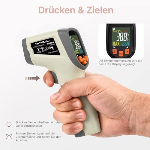 Tilswall Infrared Thermometer Laser Temperature Gun -50°C~600°C(-58F~1112F) | Adjustable Emissivity, for Cooking/Pizza Oven/BBQ/Vehicle Repair, Meat Thermometer included, Not for Human(OW), W301 - color: off-white, size: -50°C ~ 600°C(with probe)