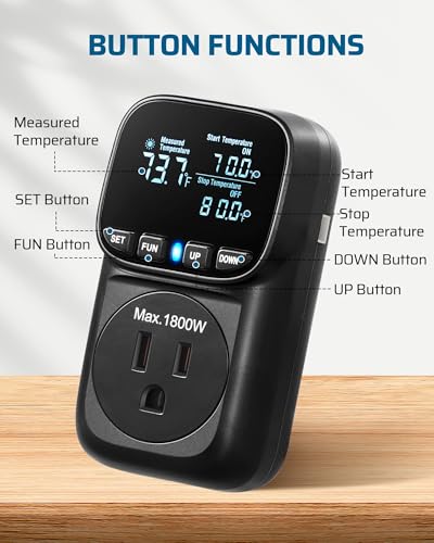 DEWENWILS Digital Temperature Controller, Heavy Duty 15A/1800W Thermostat Outlet Plug, VA Display Heating Cooling Control Timer, -40℉~210℉, Cyclic Timing/Countdown, for Greenhouse Incubator, Black - color: Black, size: 1 Pack