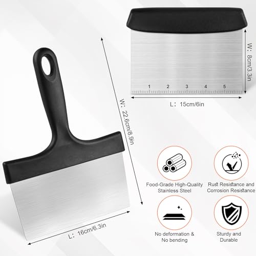 Grill Scraper&Bench Scraper Set,Food Scraper with Handle for Blackstone, Flat Top Grill Cleaning,Premium Stainless Steel Dough Cutter with Measuring Scale for Pastry,Cake,Pizza,Bread,Cooking - style: Grill Scraper&Bench Scraper Set