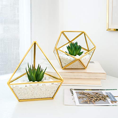 Mkono 3 Pack Fake Succulents in Geometric Glass Terrarium Gold Office Decor | Lifelike Mini Fake Plants, 3 Shapes Metal Frame Pots, Fits Desk Shelf Office Home, No Maintenance, Gift Idea for Women Girls - color: Gold,green,clear