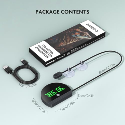 PAIZOO LED Rechargeable Reptile Thermometer Hygrometer, Always-on Display | Temperature Accuracy ±0.1℉, Long Battery Life, Switch Between ℉/℃, Reptile Tank Thermometer with 59.05" Type-c Charging Cable