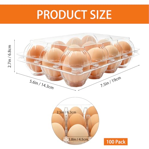 100 Pack 3x4 Plastic Egg Cartons Bulk 12 Count Clear, Reusable Stackable Dozen Chicken Eggs Containers Holders for Storage, Family, Farm Markets and Commercial Display