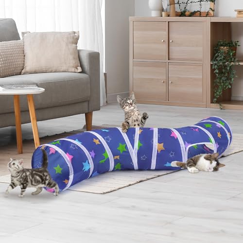 Glittme S-Shape Cat Tunnel, Foldable Cat Tunnels for Indoor Cats | Interactive Bunny Tunnel And Cat Tubes With Crinkle Sounds. Ideal For Kittens, Ferrets And Small Pets To Hide, Play Or Rest - color: Blue with colorful stars