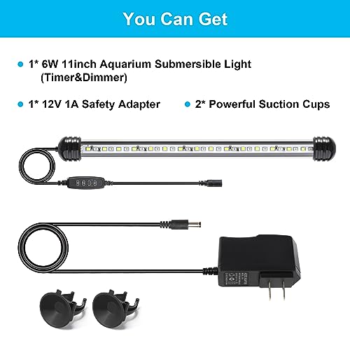 DaToo 6W 11inch Submersible Aquarium Light Underwater Fish Tank Light LED Aquarium Light Bar with Timer Auto On/Off and Dimmer Adjustable Brightness, 1 Yr Warranty - size: 6W 11inch (With Timer&Dimmer)