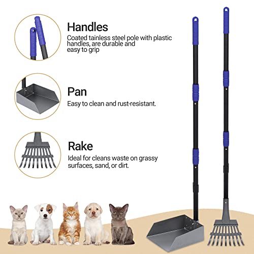 Dog Pooper Scooper, Dog Poop Tray and Rake Set with Long Stainless Handles | Pet Waste Removal Scoop with Adjustable Sectional Handles - color: Black/Blue
