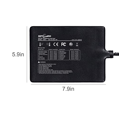 REPTI ZOO Upgrade Reptile Heat Mat with Thermostat - 6 x 8 Inch Reptile Heating Pad with Temperature Control for 10-20 gal Tank Reptiles Amphibians Hermit Crab Snake Lizard - size: 11W