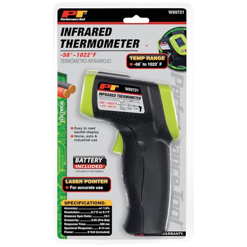 Performance Tool W89721 Digital Infrared Thermometer, 1022 Degrees F | Non-contact automotive and industrial temperature gun. 12:1 spot ratio. -58 to 1022 F range. Digital display with backlight