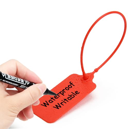 100 Red Blank Plastic Tags for Labeling Waterproof Hanging Labels Writable Tags Seal Plastic Marking Label for Clothes Bags Keys Inventory with One Marker Pen - color: Red, size: 100 PCS