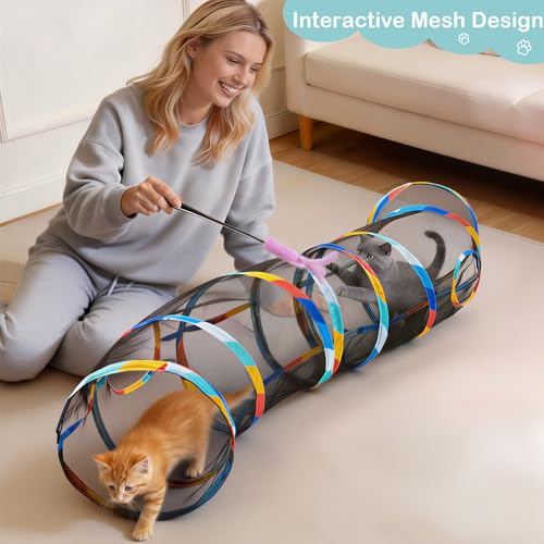Glittme 48" Mesh Cat Tunnel, Breathable Pet Play Tube for Cats and Rabbits | Collapsible Kitten Tube Featuring A See-Through Mesh Design And Bonus Mouse Teaser For Indoor Play And Hiding - color: Colorful