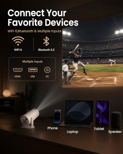 Mini Smart Projector with Built-in Apps, WiFi 6 & Bluetooth 5.4, 1080P Supported Movie Projector for Home Theater, Bedroom & Outdoor Movie Nights