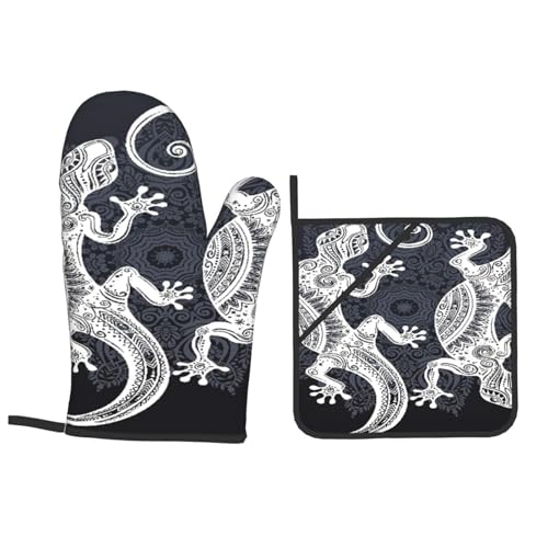 Gecko Lizard Abstract Reptile Animal Herpetology1 4-Piece Oven Mitts and Handle Covers Set - Heat Resistant Baking Gloves for Kitchen BBQ Grilling