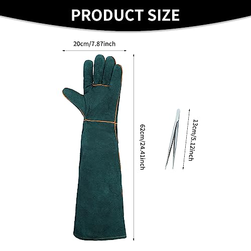 1 Pair Animal Handling Gloves Bite Proof,24.4in Leather Welding Gloves | Reinforced Leather Gloves with 2 Tweezers for Dog Training,Cat,Falcon,Reptile, Blue