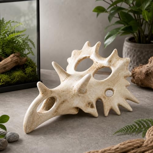 Triceratops Skull Reptile Hide for Bearded Dragons, Dinosaur Skull Terrarium Decor, Resin Cave Hideout for Lizards Snakes, Aquarium Tank Decoration (Small) - size: Small
