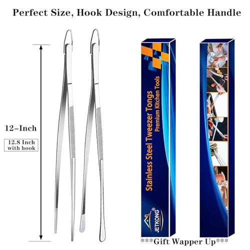 JETKONG 2 Pcs 12-Inch Kitchen Tweezers Fine Tweezer Tongs, Extra-Long Stainless Steel Cooking Tweezers (Silver) - color: Silver, size: 12+12 Inch