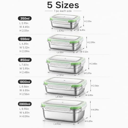 Stainless Steel Food Storage Containers 18/8 Grade 5-Pack With Clear Lids | Leakproof & airtight seal lids, safe for dishwasher & freezer use, durable reusable food storage containers - color: transparent color, size: Large
