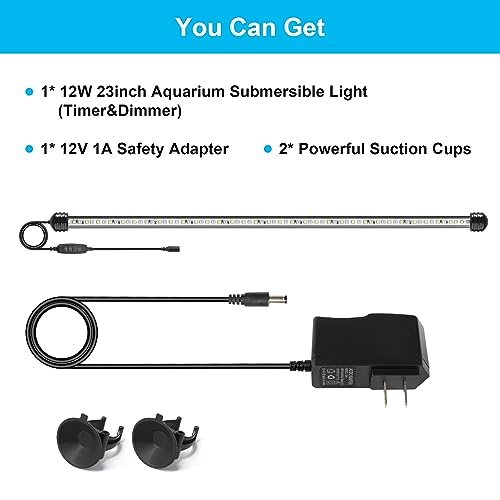DaToo 12W 23inch Submersible Aquarium Light Underwater Fish Tank Light LED Aquarium Light Bar with Timer Auto On/Off and Dimmer Adjustable Brightness, 1 Yr Warranty - size: 12W 23inch (With Timer&Dimmer)