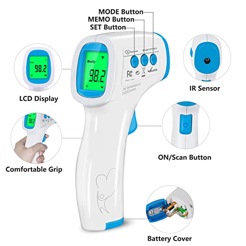 Digital Thermometer for Adults and Kids, No Touch Forehead Thermometer for Baby, 2 in 1 Body Surface Mode Infrared Thermometer with Fever Alarm and Instant Accuracy Readings - color: Blue