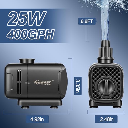 hygger 2-in-1 400GPH Submersible Pump 25W,Side and Bottom Suction Fountain Water Pump with 6.6ft High Lift,Quick Water Change with 4 Interchangeable Nozzles for Aquarium, Fish Tank, Hydroponics,Pond - size: 25W-6.5FT