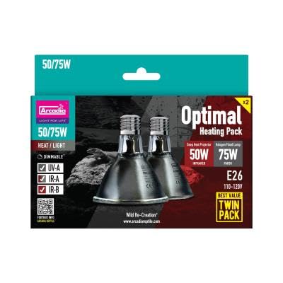 Arcadia Optimal Heating Pack – Dual Reptile Heat Lamp Bulbs with 75W Halogen Flood Lamp & 50W Deep Heat Projector, Day and Night Infrared Warming Solution for Reptile Enclosures and Terrariums RARHP1Z