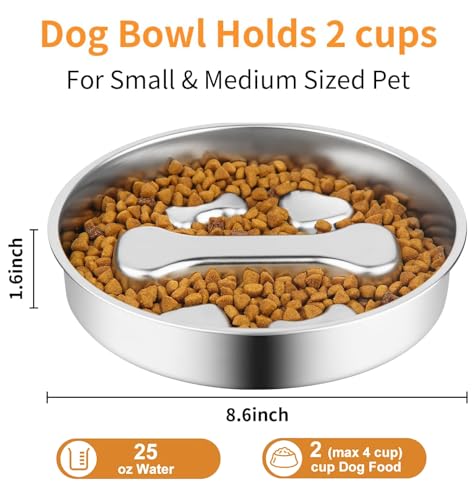 Stainless Steel Slow Feeder Dog Bowls,2 Pcs Slow Food Bowl for Dog & Cat - 2 Cups Capacity,Bone-Shaped Design Pet Food Holder,Metal Non-Slip Lick Plate,Puzzle Maze Dish for Small & Medium Sized Breeds - color: Bone-2Pack, size: M 1.5~2Cups