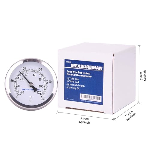 MEASUREMAN Hot Water Bi-Metal Thermometer, 2-1/2" Dial, 1-3/4" Lead-Free Brass Stem, Range 0-250 deg F/-20-120 deg C, 2% Accuracy, Adjustable, 1/2" NPT Back Mount(2 Pack - size: 0-250 deg F/-20-120 deg C, style: 1-3/4" Stem 2pc