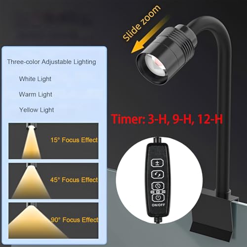 Mini Aquarium Spotlight with Timer, Clip-On Gooseneck Lamp, 15°-90° Zoom | Tri-Color White/Warm White/Warm Light, Dimmable 3W USB, 5.2 In Gooseneck, Fits Glass Up To 8mm - color: Black - with Timer