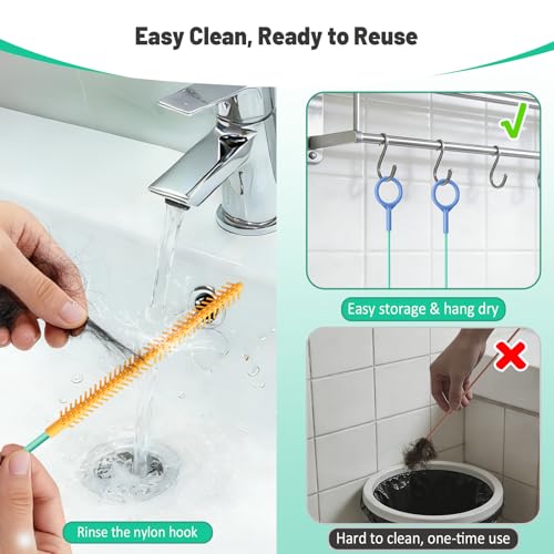 Reusable Drain Snake Hair Clog Remover, 30 inch Drain Cleaner Tool (5 Pack) | Anti-Break Metal Core & Nylon Layer, Flexible Shower Snake for Bathroom Sinks, Tubs and Shower Pipes