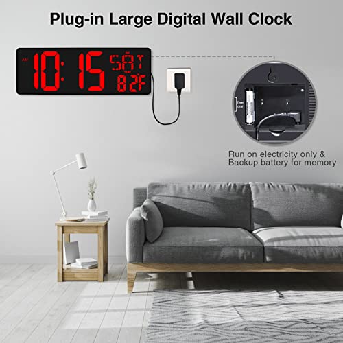 XREXS 17.2 Inch Large Digital Wall Clock with Remote Control | LED Large Display Count Up & Down Timer, Adjustable Brightness Plug-in Alarm Clock with Temperature for Home, Office, Gym - color: Red