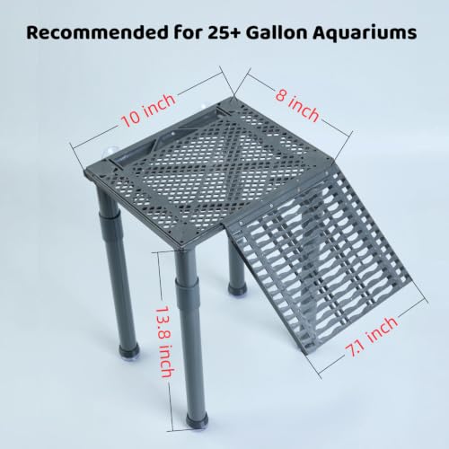 Upgraded Standing Turtle Basking Platform with Ramp, Built-in Feeding Tray, No Zip Ties, Non-Slip Ramp, Adjustable Height Turtle Dock for 25-75 Gal Aquariums, 11 in Minimum Tank Width