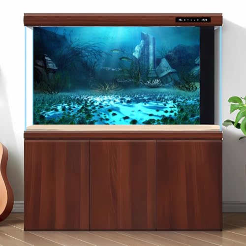 Underwater World Aquarium Background Ocean Temple Aquatic Grass Fish Tank Background Deep Blue Sea Tropical Marine Life Terrarium Backgrounds Ruined Building Seascape Backgrounds 24x12in - color: Olive_Blue, size: 24(W)x12(H)inches/ 60(W)*30cm(H)
