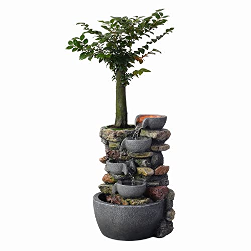 Haobos Indoor Fountain 4-Bowl Rockery Soothing Sound Tabletop Fountains Home/Office Decor Gift for Mom,Mother Day Present with A Small Plastic Pot to Grow Plant/Hebs By Yourself (Automatic Watering)