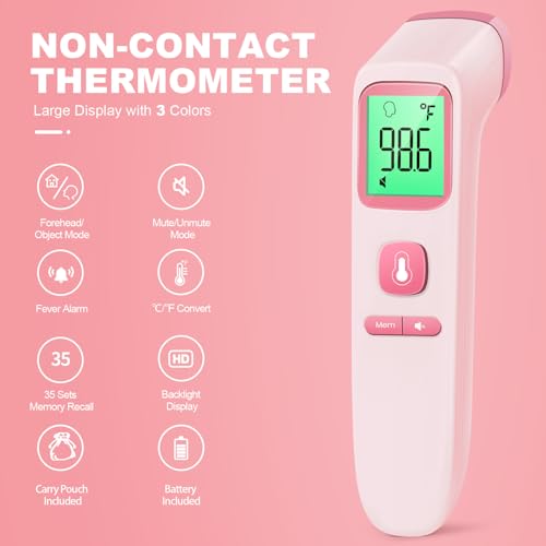 No-Touch Thermometer for Adults, Kids, Babies, 1-Sec Fast Accurate (Pink) | Fever Alarm, Large LCD with 3-Color Backlight, Silent Mode, 35-Reading Memory, Forehead & Object Mode, for Home & Clinic - color: Pink