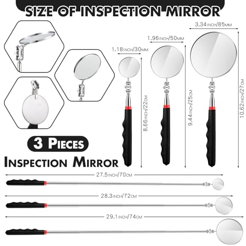 3 Pieces Telescoping Inspection Mirror Stainless Steel Mirror,Black | Extendable Mechanic Mirrors with Long Handle Tool for Technicians Mechanics Contractors - color: Black