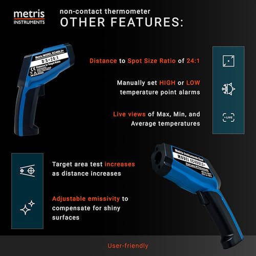 Digital Infrared Thermometer Gun for HVAC, Industrial, Automotive, MRO; -58 to 1382 F (-50 to 750 C) 24:1 D:S Ratio (at Approximately 24 Inches - Test 1 Inch Area), Model EC400L3+